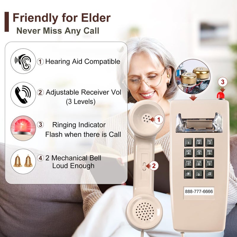 HTMengt Traditional Wall Phone Metal Bell,Classic 2554 Wall Telephone (Hearing Aid Compatible),Retro Wall Phone for Landline Visible Ringing Indicator, Old Wall Mount Telephone for Kitchen,Home,Beige - Image 3